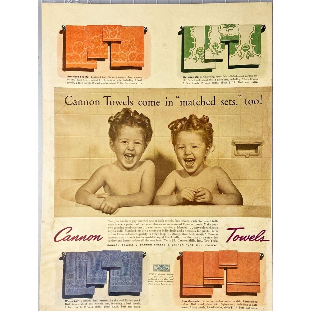 Cannon Towels "Comes in Matched Sets-Twins in Tub "Vintage Print Ad 1940-41